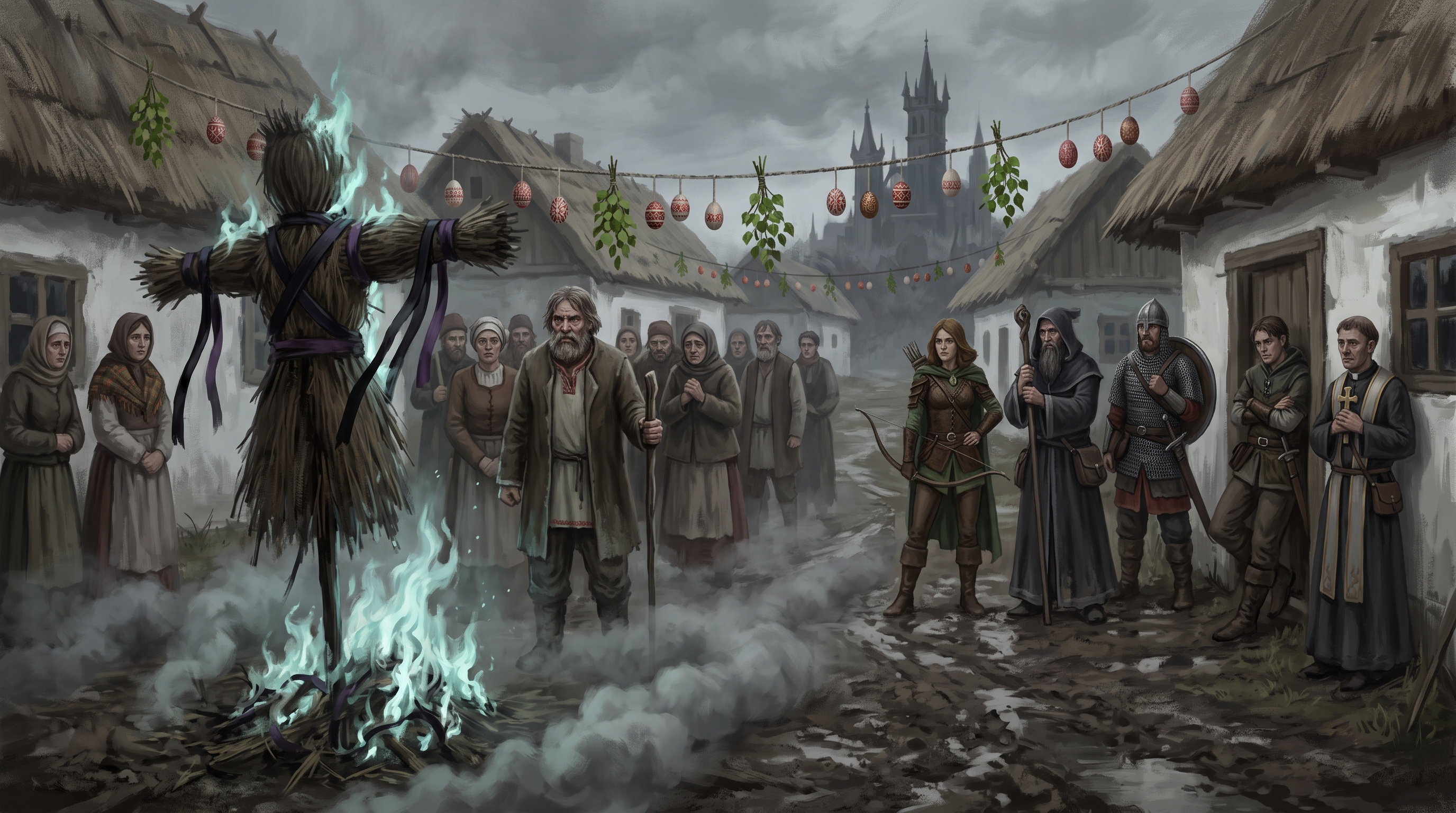 Original sourcebook illustration of a folk ceremony burning a winter effigy.